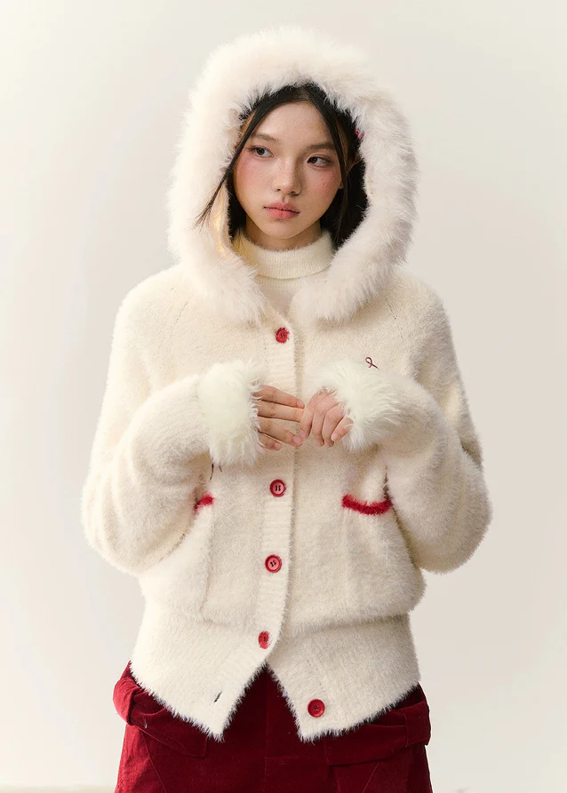 Snowy Kitten Fur-Collar Knit Cardigan - xacoolpin