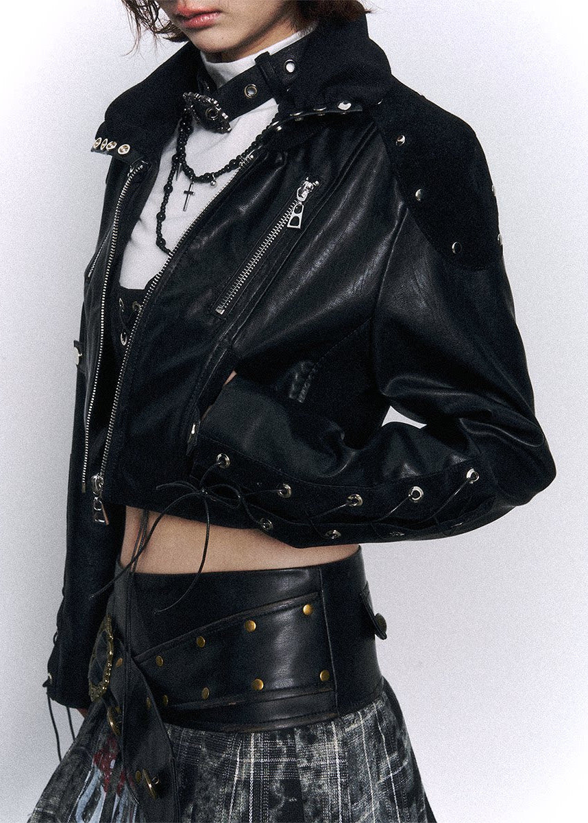 Stacked Collar Leather Jacket - xacoolpin