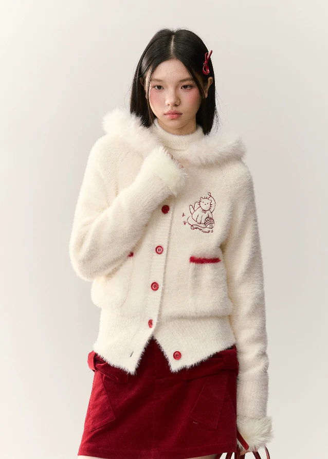 Snowy Kitten Fur-Collar Knit Cardigan - xacoolpin