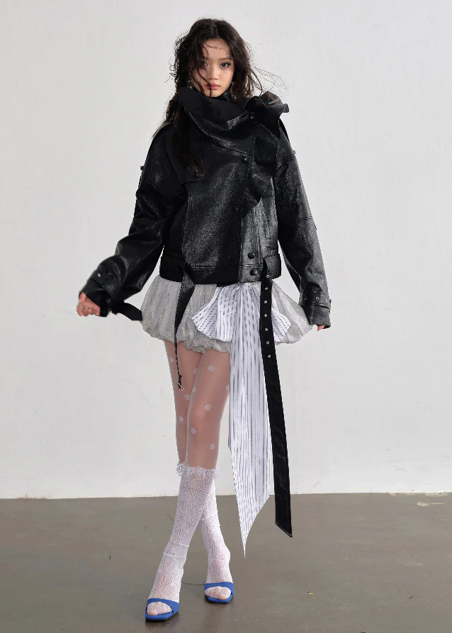 Ruffle Leather Jacket - xacoolpin