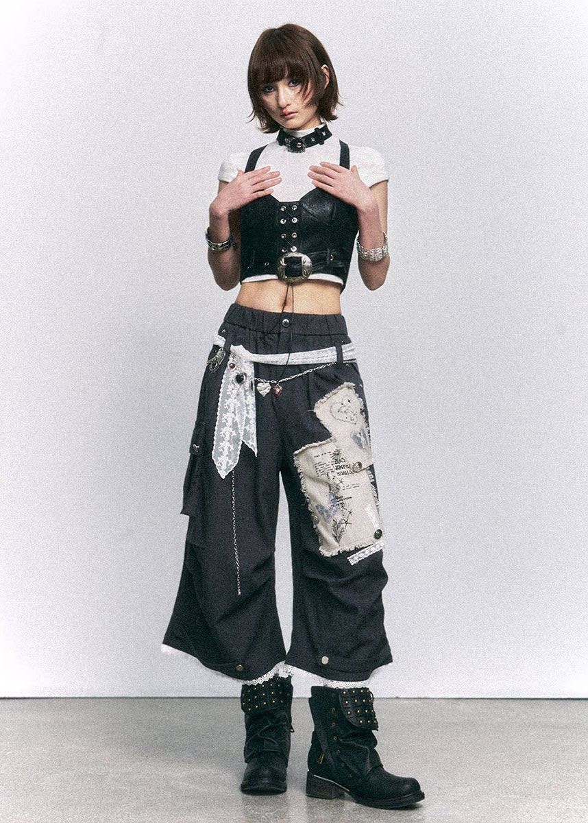 Patch Ruin Wide Cropped Pants - xacoolpin