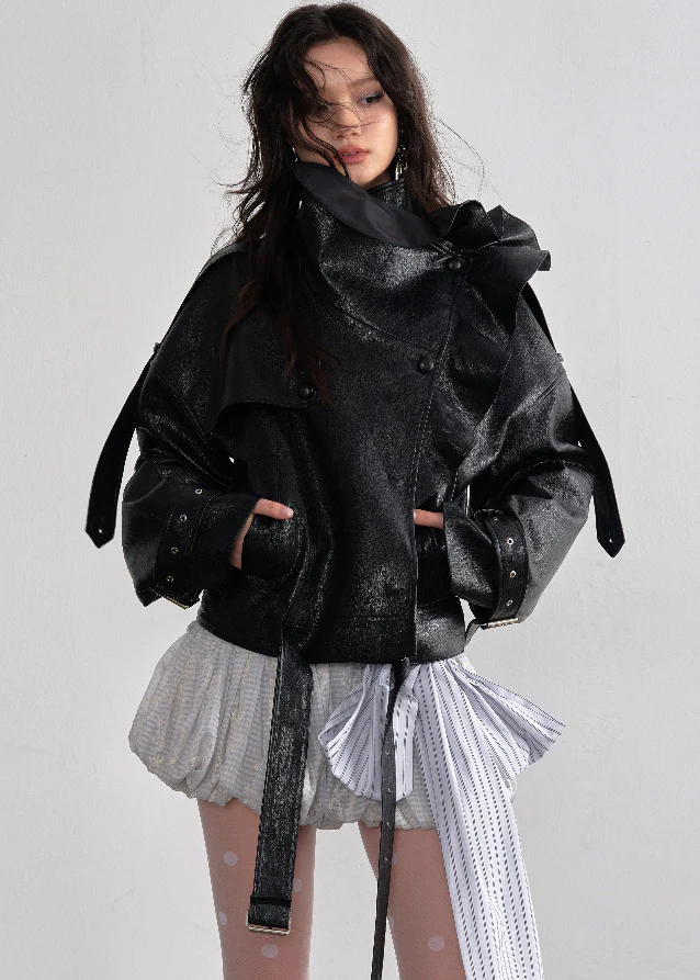 Ruffle Leather Jacket - xacoolpin