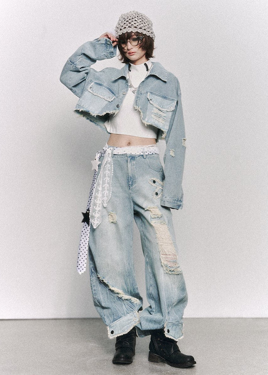 Cutline Cropped Denim Jacket - xacoolpin